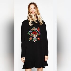 Zara Black Long Sleeve Dress with Floral Embroidery